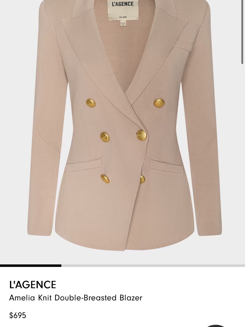 L'AGENCE Double-Breasted Knit Blazer in Beige with Gold Buttons